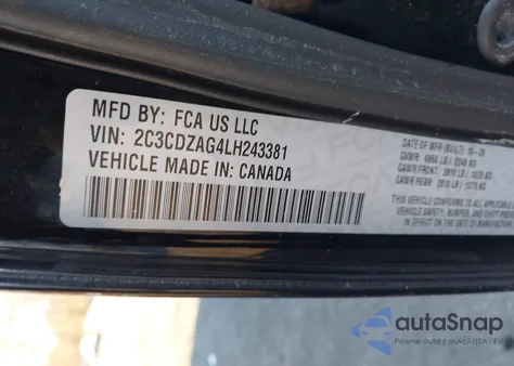 2020 Dodge Challenger Sxt z USA, uszkodzony, nr VIN 2C3CDZAG4LH243381